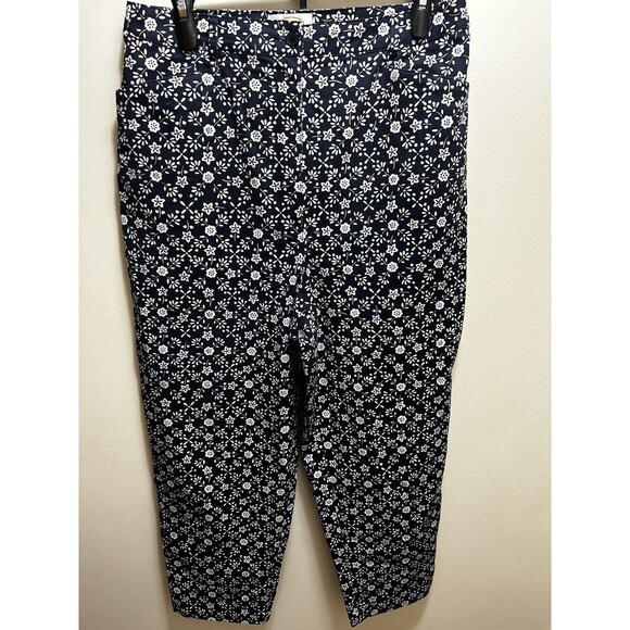 Talbots Stretch Pants 14P Navy White Floral Print Cropped Retro Career Business - Picture 1 of 4